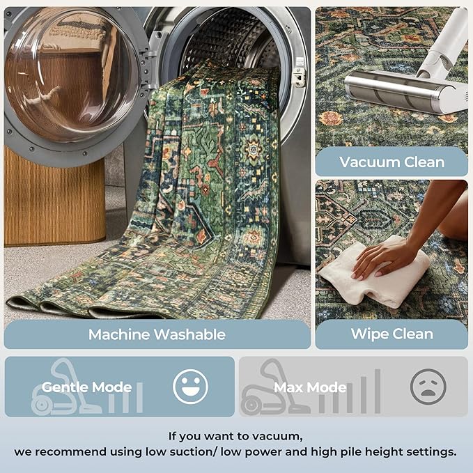 Kokia 9x12 Washable Area Rugs Dark Green with Vintage Orient Design, Soft Rug for Living Room or Bedroom, Non-Slip Low Pile Stain Resistance Features, Distressed Medallion Pattern