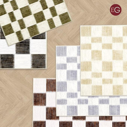 EVERGRACE Checkered Plaid Area Rug, Soft Fuzzy Faux Wool, 2x8, Washable Anti Slip Long Runner Carpet for Entryway, Bedroom, Living Room, Hallway, Kitchen, Dining Room and Laundry, Beige