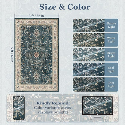 Farmhouse Distressed 3x5 Area Rugs for Entryway Foyer, Washable Non Slip Low Pile Throw Rugs for Kitchen, Vintage Medallion Pinted Carpet for Bedroom/Bathroom/Home Office, Deep Blue/Multi