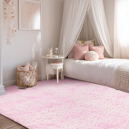 Andency Soft Area Rugs for Living Room Bedroom, 5x8 Fluffy Shaggy Bedside Rug, Non-Slip Large Shag Fuzzy Plush Carpets for Bedroom Kids Dorm Nursery Home Decor Aesthetic, Tie-Dyed White Pink