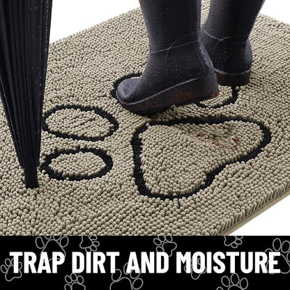 Smiry Dog Door Mat for Muddy Paws, Absorbent Dirt Trapper Non Slip Quick Dry Washable Chenille Mat for Mud Dogs, Entry Rug for Indoor and Outdoor (30x20 Inches, Warm Taupe and Black)