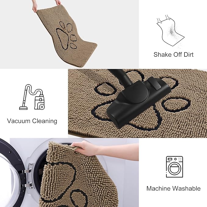 Smiry Dog Door Mat for Muddy Paws, Absorbent Dirt Trapper Non Slip Quick Dry Washable Chenille Mat for Mud Dogs, Entry Rug for Indoor and Outdoor (24x16 Inches, Camel and Black)