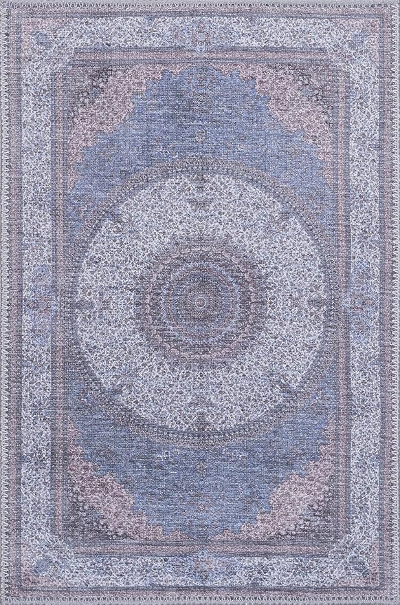 GLN Rugs Traditional Collection - Machine Washable Area Rug, Traditional Washable, Non Slip, Low Pile Chenille Rug, Living Room, Bedroom, Kitchen Rug (2' x 3' Navy/Off White)