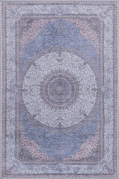 GLN Rugs Traditional Collection - Machine Washable Area Rug, Traditional Washable, Non Slip, Low Pile Chenille Rug, Living Room, Bedroom, Kitchen Rug (2' x 3' Navy/Off White)