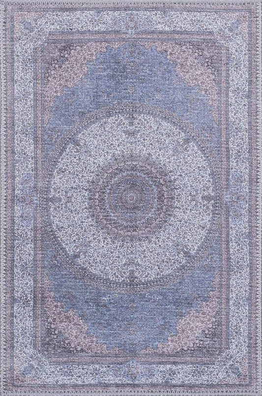 GLN Rugs Traditional Collection - Machine Washable Area Rug, Traditional Washable, Non Slip, Low Pile Chenille Rug, Living Room, Bedroom, Kitchen Rug (2' x 3' Navy/Off White)