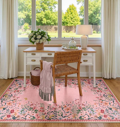 Wonnitar Washable 4x6 Rug, Pink Rugs for Girls Bedroom, Soft Non-Slip Nursery Area Rug, Floral Rugs Kids Room Low Pile Throw Carpet for Dorm Decor (Pink,4'x6')