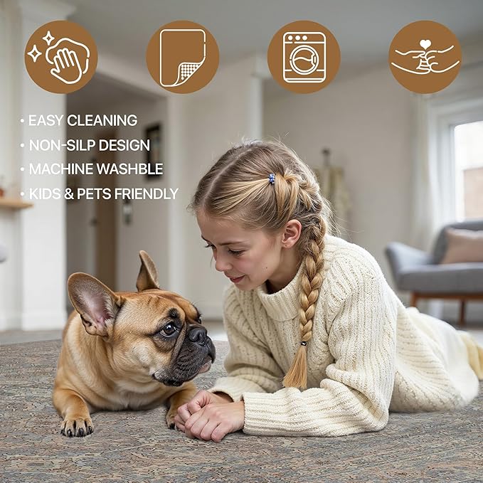2x10 Runner Rug Machine Washable Boho Runners for Hallway,Ultra-Thin Low Pile Rug,Lightweight Indoor Carpet,Non Slip Floral Runners for Enrtyway, Corridor, Home Office, Kitchen,Grayish Blue