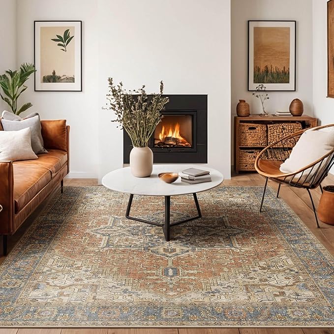 Kokia 9x12 Washable Area Rugs Terracotta with Vintage Orient Design, Soft Rug for Living Room or Bedroom, Non-Slip Low Pile Stain Resistance Features, Distressed Medallion Pattern