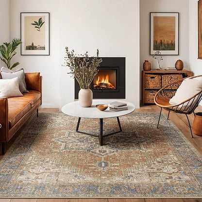 Kokia 9x12 Washable Area Rugs Terracotta with Vintage Orient Design, Soft Rug for Living Room or Bedroom, Non-Slip Low Pile Stain Resistance Features, Distressed Medallion Pattern