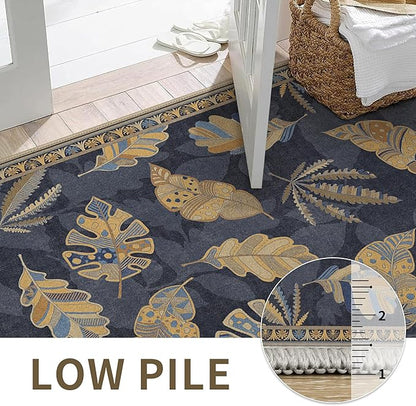 GENIMO 8x10 Area Rugs for Living Room, Machine Washable Non Slip Vintage Retro Rugs, Low Pile Soft Chenille Print Rug for Bedroom, Dining Room, Home Office, Leafy Twilight