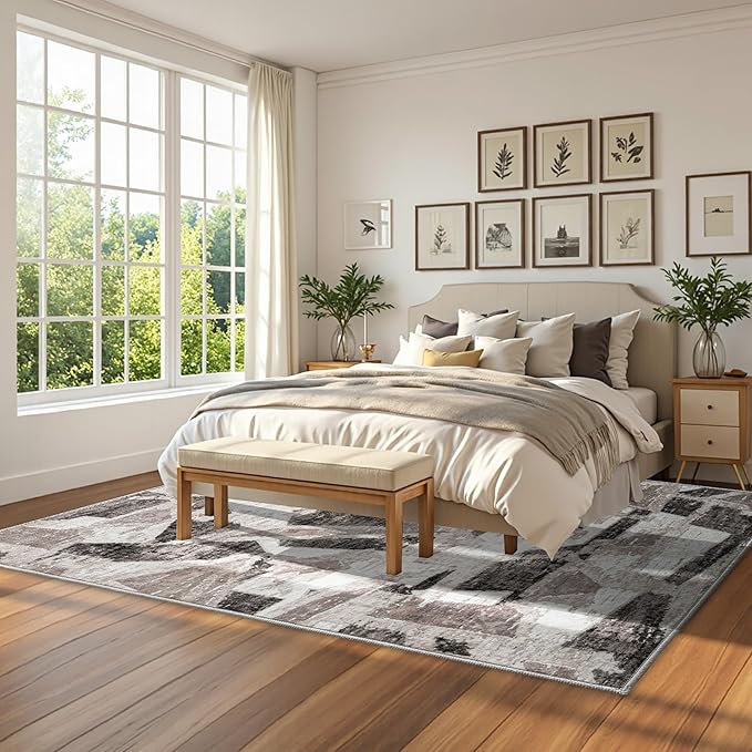 6X9 Area Rugs for Living Room Bedroom,Modern Abstract Large Carpet Washable Rugs 6X9 for Dining Room Office,Non Slip Gray Print Faux Wool Thin 6 by 9 Indoor Nursery Kids Home Pet & Child Friendly