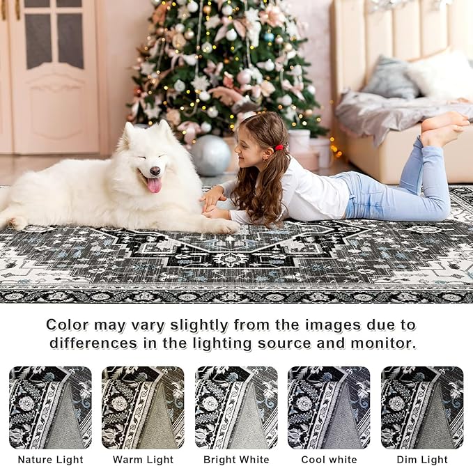 4x6 Black Grey Area Rug for Living Room, Machine Washable Rugs with Non-Slip Backing for Bedroom, Vintage Medallion Carpet Kitchen Laundry Kids Room Decor