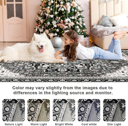 5x7 Black Grey Area Rug for Living Room, Machine Washable Rugs with Non-Slip Backing for Bedroom, Vintage Medallion Carpet Dining Room Office Kids Room Decor