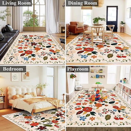 U'Artlines 6x9ft Floral Area Rug, Machine Washable Ultra Soft Low Pile Non Slip Non Shedding Accent Floor Carpet for Living Room, Bedroom, Dining Room, Office (Beige)
