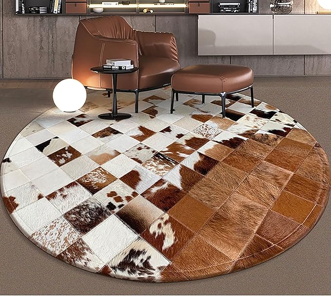 Handmade Pure Cowhide Round Leather Rug for Living Room Bedroom Rug (8X8)
