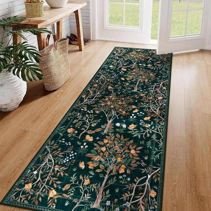 Morebes Boho Floral 2x6 Kitchen Runner Rug, Washable Rug Runners for Hallways Non Slip, Soft Botanical Flower Indoor Floor Carpet Runners for Bathroom Entryway Laundry Room, Dark Green
