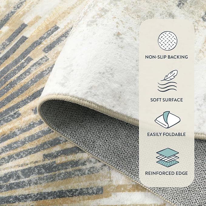 Lahome Modern 9 x 12 Area Rugs for Living Room, Ultra-Thin Washable Large Rug Non Slip Throw Carpet for Dining Room, Abstract Print Indoor Soft Carpet for Bedroom Office (Gold/Gray, 9'x12')