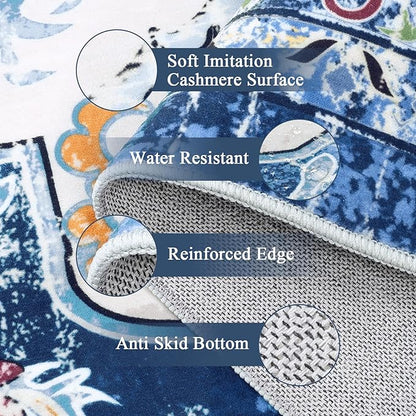 U'Artlines Boho Vintage Area Rug 5x7 Machine Washable Low Pile Soft Floor Carpet Non Slip Non Shedding Accent Rug for Living Room Bedroom Entryway Dining Room Office Blue