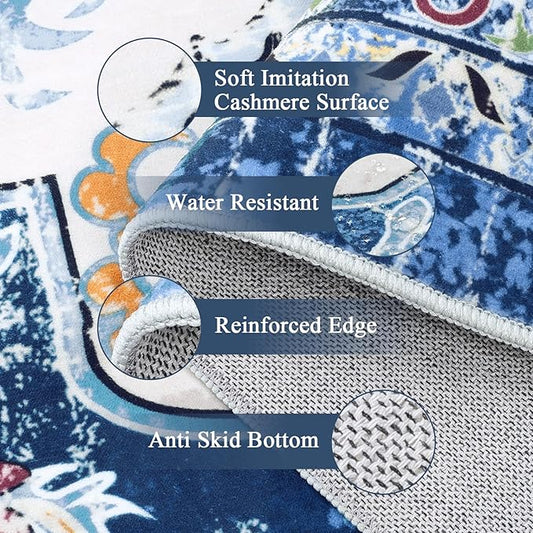 U'Artlines Boho Vintage Area Rug 5x7 Machine Washable Low Pile Soft Floor Carpet Non Slip Non Shedding Accent Rug for Living Room Bedroom Entryway Dining Room Office Blue