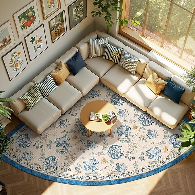 jinchan Elora Floral Corner Rug for Living Room Washable Bedroom Rug Vintage Romance Design Non Slip Quarter Circle Lightweight Low-Pile Throw Carpet for Reading Nook Playroom, 7ft Radius, Blue/Beige
