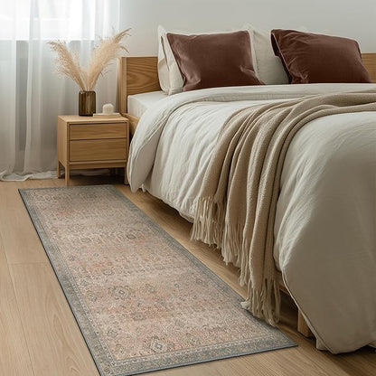 2x5 Runner Rug Machine Washable Boho Runners for Hallway,Ultra-Thin Low Pile Rug,Lightweight Indoor Carpet,Non Slip Floral Runners for Enrtyway, Corridor, Home Office, Kitchen,Light Beige