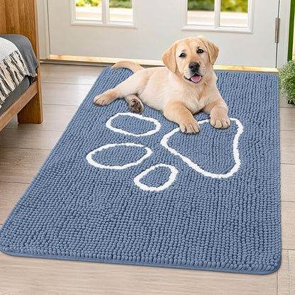 Smiry Dog Door Mat for Muddy Paws, Absorbent Dirt Trapper Non Slip Quick Dry Washable Chenille Mat for Mud Dogs, Entry Rug for Indoor and Outdoor (40x32 Inches, Airy Blue and White)