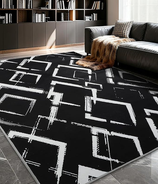 YIHOUSE Black Modern Geometric Area Rug 6x9, Black and White Rug with Abstract Diamond Patterns,Non-Shedding Washable Rugs for Bedroom, Home Office and Living Room
