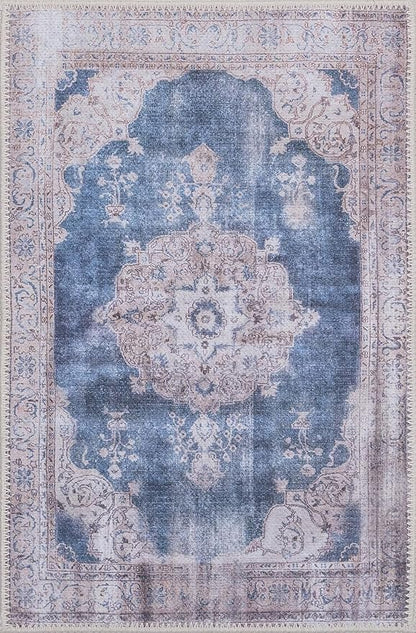 GLN Rugs Traditional Collection - Machine Washable Area Rug, Traditional Washable, Non Slip, Low Pile Chenille Rug, Living Room, Bedroom, Kitchen Rug (3' x 5' Cream/Navy)