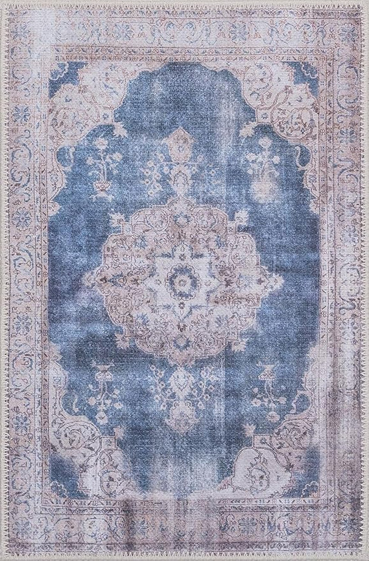GLN Rugs Traditional Collection - Machine Washable Area Rug, Traditional Washable, Non Slip, Low Pile Chenille Rug, Living Room, Bedroom, Kitchen Rug (3' x 5' Cream/Navy)