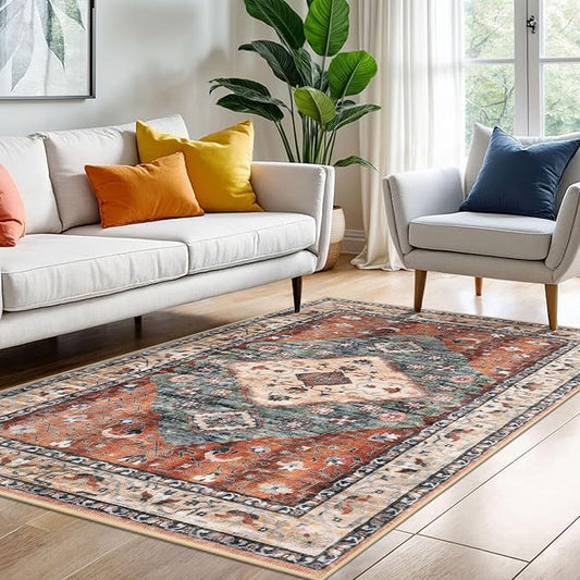 KOZYFLY Boho Area Rug 4x6 Ft Rugs for Entryway Washable Entry Rug Non Slip Rug for Living Room Rust/Orange/Blue Printed Faux Wool Vintage Bedroom Throw Rugs for Entrance Kitchen Living Room