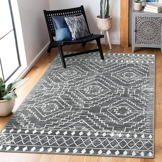 Wonnitar Moroccan 3x5 Washable Area Rug, Boho Living Room Rug, Non-Slip Farmhouse Rustic Bedroom Throw Mat, Non-Shedding Soft Geometric Floor Carpet for Kitchen Entry Office (Dark Grey,3'x5')