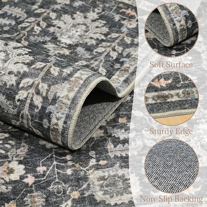 Washable Area Rugs 5'x7' Non-Slip Vintage Boho Distressed Fade Resistant Low Pile Carpet for High-Traffic Living Room, Bedroom & Dining Room
