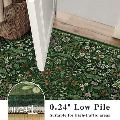 4x6 Dark Green Floral Boho Area Rug,Low-Pile Stain Resistant Non-Slip Machine Washable Carpet for Living Room,Bedroom, Kitchen,Entryway,Dining Room, Nursery