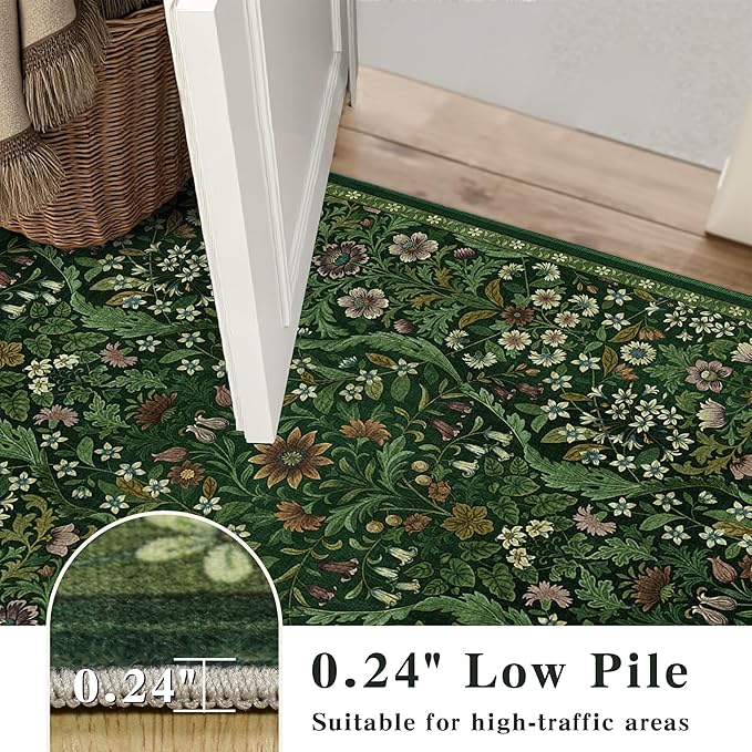 8x10 Washable Area Rug for Living Room, Large Vintage Dark Green Floral Rugs, Soft Non-Slip Stain Resistant Boho Lightweight Carpet for Bedroom Dining Room Nursery Home Office