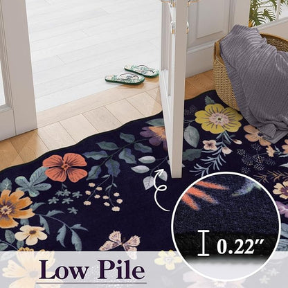 Lahome Floral Washable Rugs for Bedroom, 4X6 Area Rug Ultra-Thin Soft Living Room Rug, Non-Slip Classroom Rug Stain Resistant Lightweight Boho Low-Pile Throw Carpet for ‎Office (4x6ft,Purple)