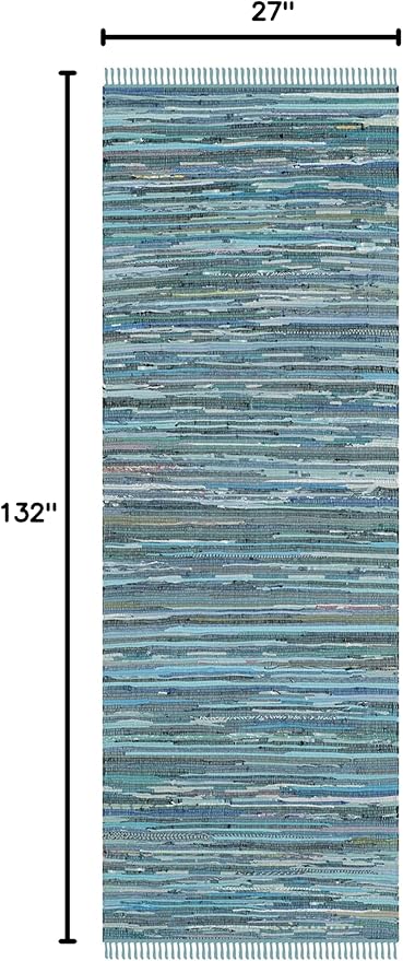 SAFAVIEH Rag Rug Collection Runner Rug - 2'3" x 11', Blue & Multi, Handmade Boho Stripe Cotton, Ideal for High Traffic Areas in Living Room, Bedroom (RAR121B)