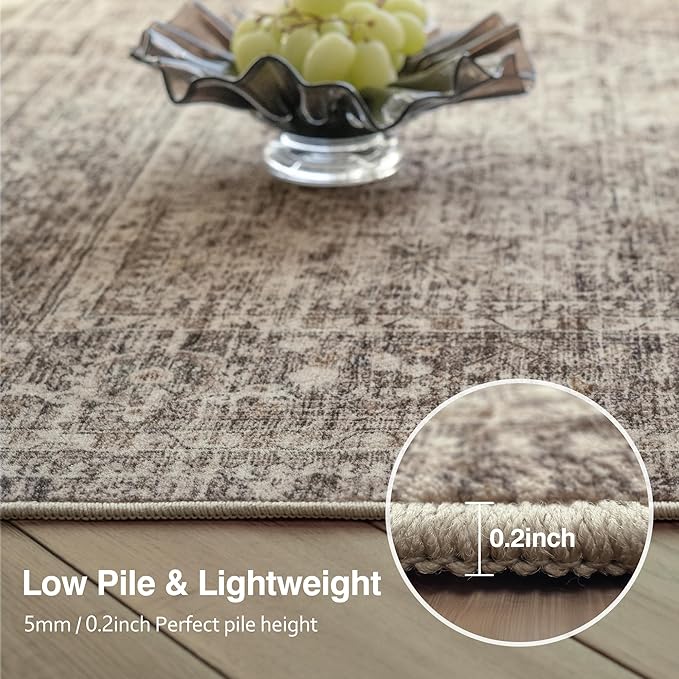 FMFUNCTEX 5x7 Washable Area Rug Neutral Vintage Taupe Non Slip Low Pile Traditional Indoor Carpet for Living Room Bedroom Soft Retro Floral Mat Throw Rug for Dining Office Kitchen Dorm Entryway