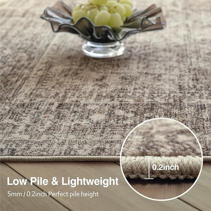 FMFUNCTEX 9x12 Washable Area Rug Vintage Neutral Distressed Large Taupe Non Slip Carpet for Living Room Bedroom Soft Low Pile Indoor Mat Retro Floral Throw Rug for Dining Room Kitchen Office Nursery