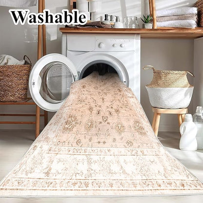 Area Rug 8x10 Washable Rug Tangerine Vintage Traditional Mat Distressed Indoor Foldable Thin Retro Accent Floral Print Rug Non Slip Carpet Living Room Dining Room Office