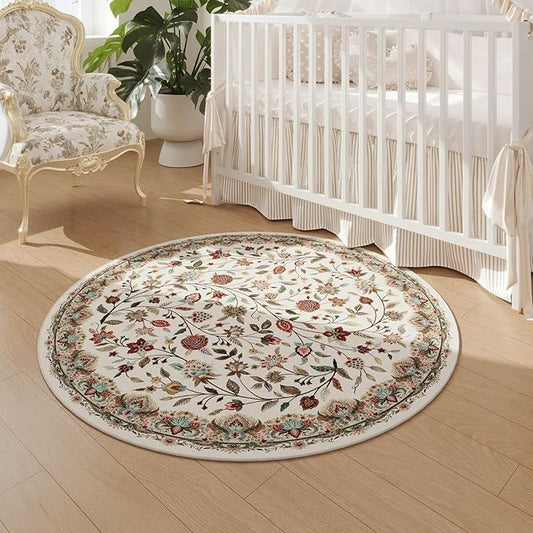 Rugcomf Vintage Paisley Round Rug 4ft - Machine Washable Area Rug, Non-Slip Low Pile Floral Carpet for Entryway, Living Room, Bedroom, Dining Room, Kids, Bathroom, Office - Beige