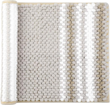 PiccoCasa Chenille Bathroom Rug, Soft Fluffy Absorbent Bath Mat, Medium Pile Striped Carpet Washable Non Slip Bathroom Floor Mats(17"x24",Khaki & White)