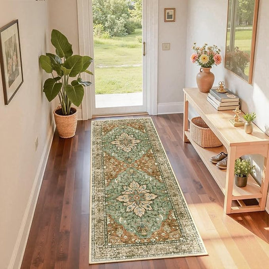 Area Rugs 2'x6' Washable Non-Slip, Floral Vintage Distress Print Pattern Medallion Carpet for Living Room Bedroom Dining Room, Brick Red Rust Neutral Brown Burnt Orange Green