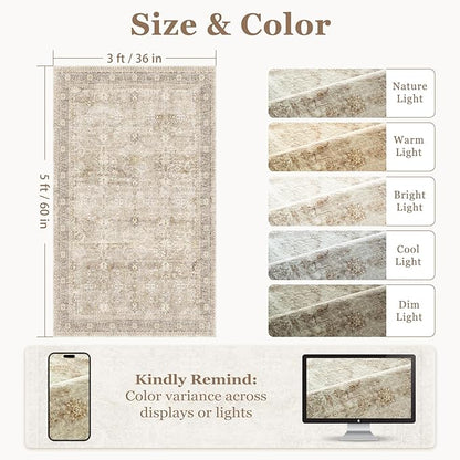Vintage Beige 3x5 Entryway Rug Indoor Foyer, Neutral Earth Tone Throw Rug for Kitchen Bathroom, Machine Washable Non Slip Ultra Thin Area Rug for Nursery/Bedroom Bedside/Home Office/Dorm