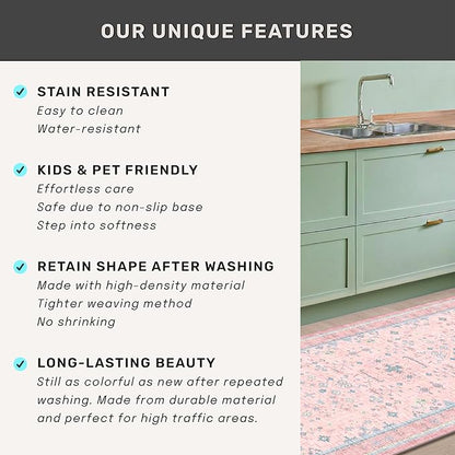 Pink Rugs for Bedroom Girls, 5x7 Washable Area Rug for Living Room Nursery Kids Baby Playroom Indoor Decor, Oushak Floral Vintage Low Pile Boho Non Slip Foldable Carpet