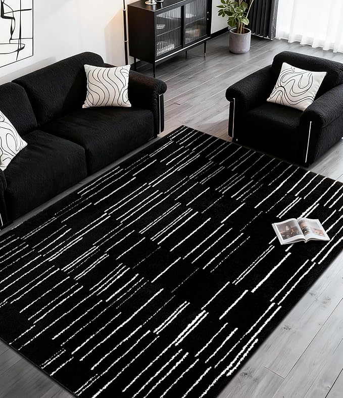 YIHOUSE 5x7 Abstract Line Area Rug, Modern Washable Stain Resistant Rugs Non Slip, Soft Indoor Floor Carpet for Living Room, Bedroom,Dining Room, Black and White
