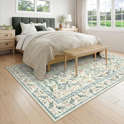 Wonnitar Boho Floral Washable Rugs 5x7, Soft Area Rugs for Bedroom, Ultra-Thin Non Slip Beige Area Carpets, Flower Print Decor Carpet for Living Room Nursery Dining Room Office