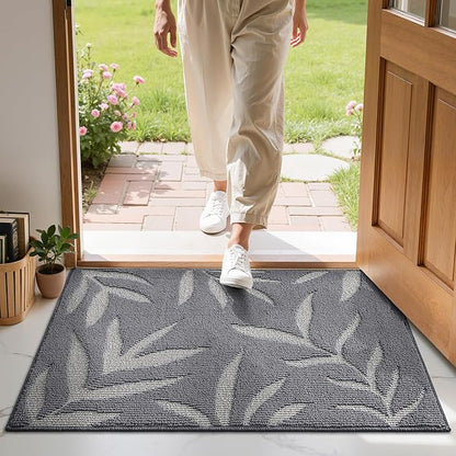 LUMI Indoor Door Mat 24x36, Washable Front Doormat with Welcome Leaf Pattern, Non-Slip Rubber Back Absorbent Mats for Entrance, Patio, Garage, Light Grey