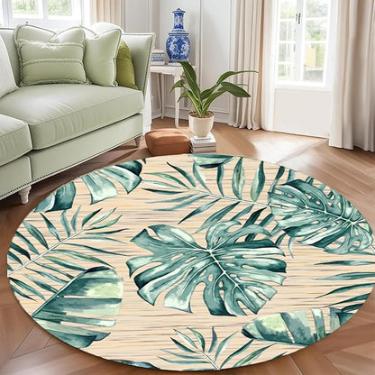 Tropical Leaf Round Area Rug 3.3ft - Green Beige Watercolor Design Indoor Carpet, Soft Non-Slip Floor Mat for Living Room Bedroom Office, Easy Clean Modern Decor