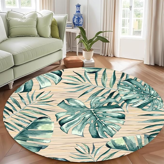 Tropical Leaf Round Area Rug 4ft - Green Beige Watercolor Design Indoor Carpet, Soft Non-Slip Floor Mat for Living Room Bedroom Office, Easy Clean Modern Decor
