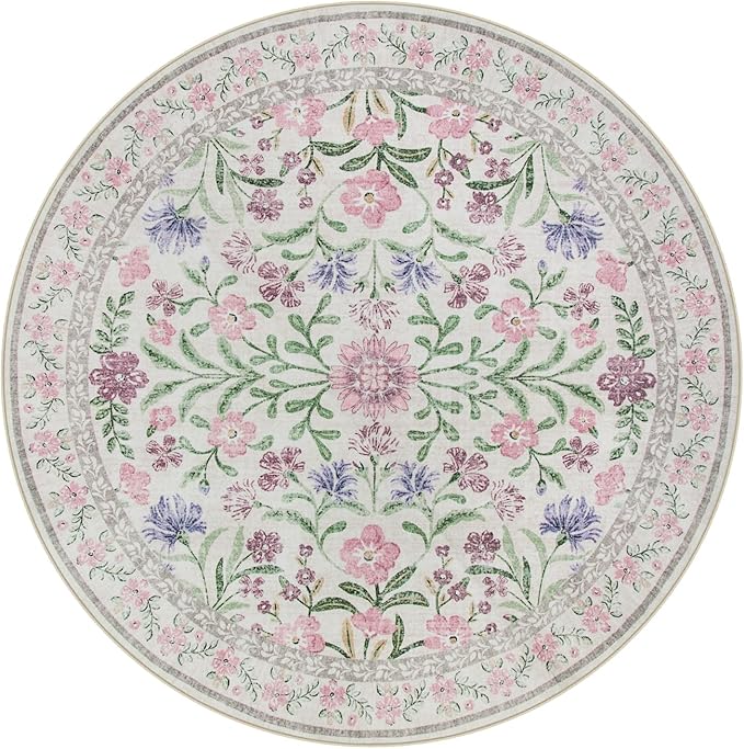 Wonnitar Floral Washable Round Rugs 6ft, Purple Circle Rugs for Bedroom Girls Dorm, Ultra-Thin Non Slip Boho Carpet for Nursery Girls Room Decor Living Room Playroom, Light Purple/Pink
